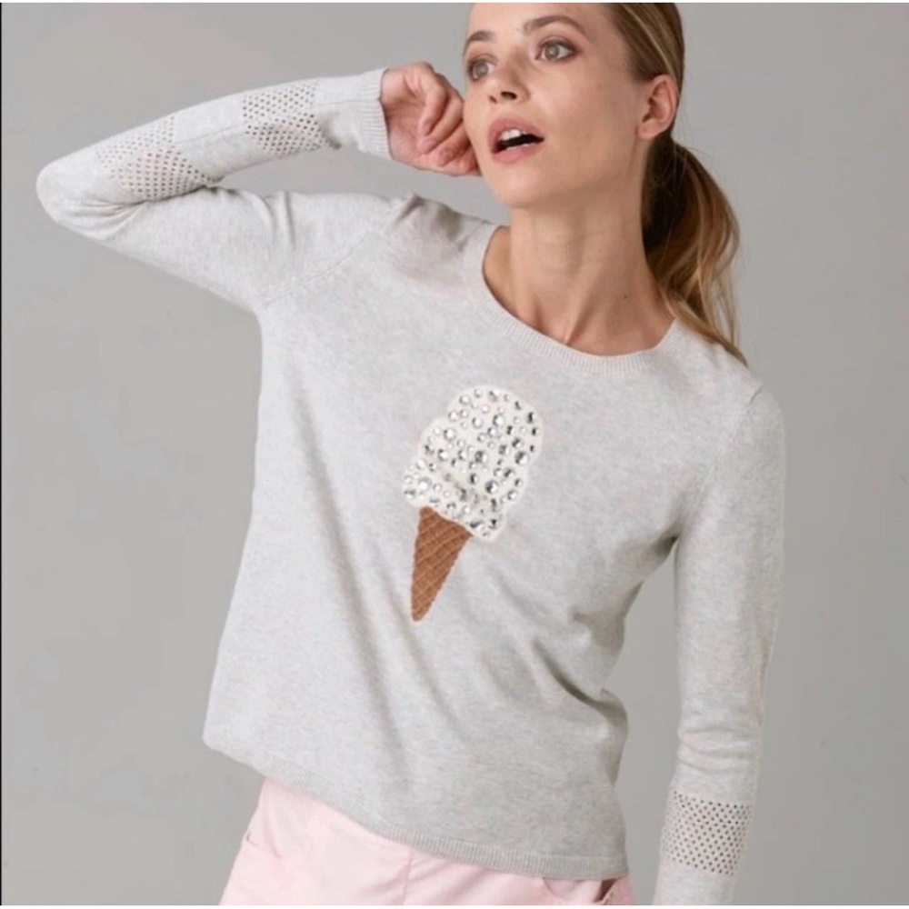 Lisa Todd Light Gray Sweater with Embellished Lickety Split Design Petite Small